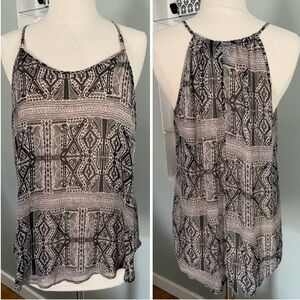 Boho Tribal Print Cami Top Black & White Sheer Lightweight Tank Size L